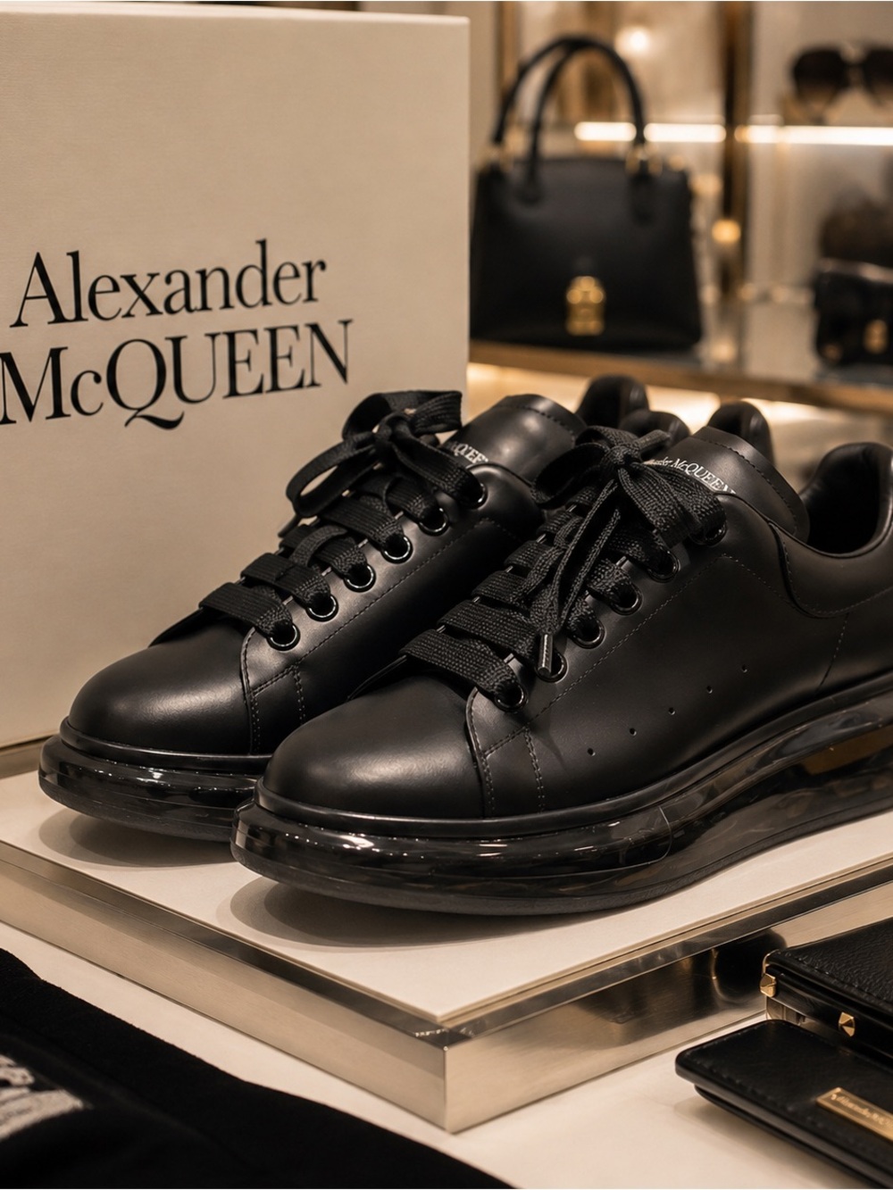 Alexander McQueen Men’s Black Leather with Glossy Black Sole size 9 Euro 42
